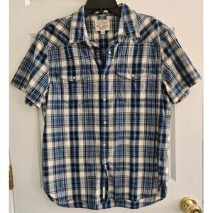 Men's Lucky Brand Shirt True Indigo Blue Plaid Short Sleeve Pearl Snap Medium